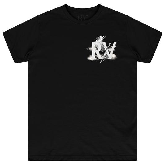 Front flat lay of men’s black Fallen Angel T-shirt with bold RV Fallen Angel graphic print – regular fit, Greek Mythology collection.