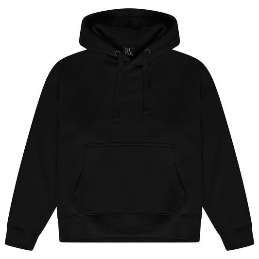 Front flat lay of men’s black 365 Oversized Hoodie with adjustable drawstring hood and kangaroo pocket – oversized fit, 365 Collection.