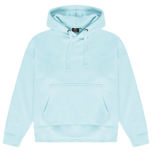 365 Collection with front flat lay of men’s turquoise oversized hoodie.