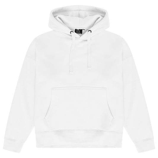Front view of men's white oversized hoodie from 365 Collection, flat lay.