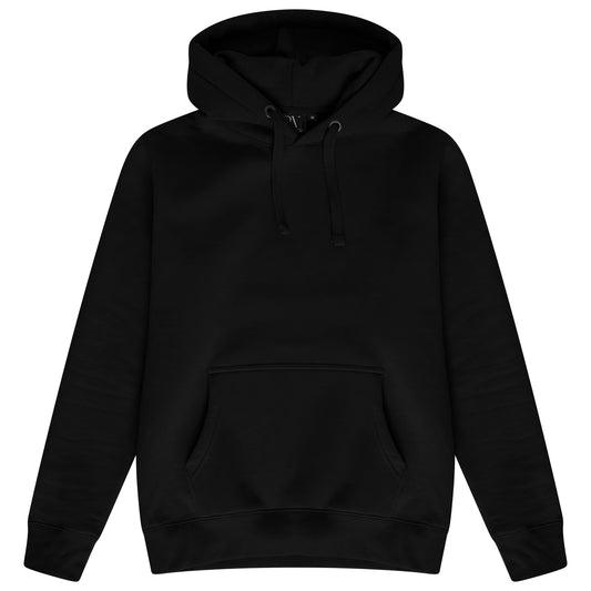 Basic black hoodie for women with adjustable drawstrings and a kangaroo pocket, laid flat.