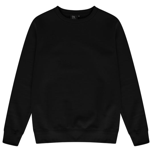Basic black sweatshirt for women laid flat with round neckline, long sleeves, and ribbed trims.