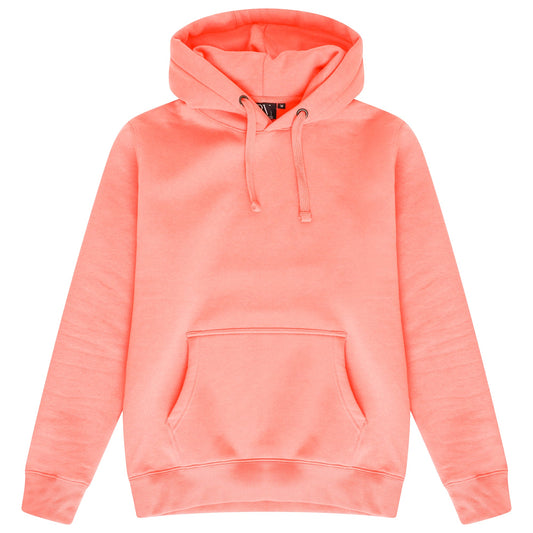 Basic coral hoodie for women with adjustable drawstrings and a kangaroo pocket laid flat on a white background.