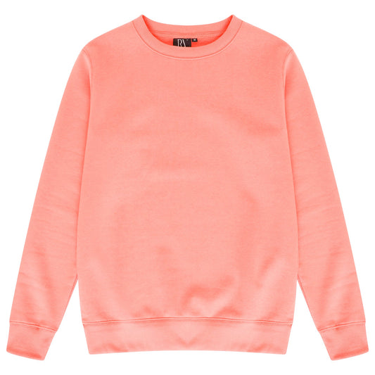 Basic coral sweatshirt for women laid flat, showing round neckline and ribbed trims.