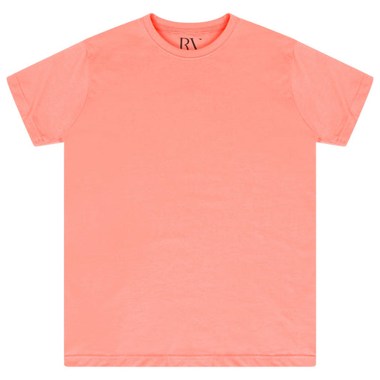 Basic coral cotton t-shirt for women, laid flat, round neckline visible.