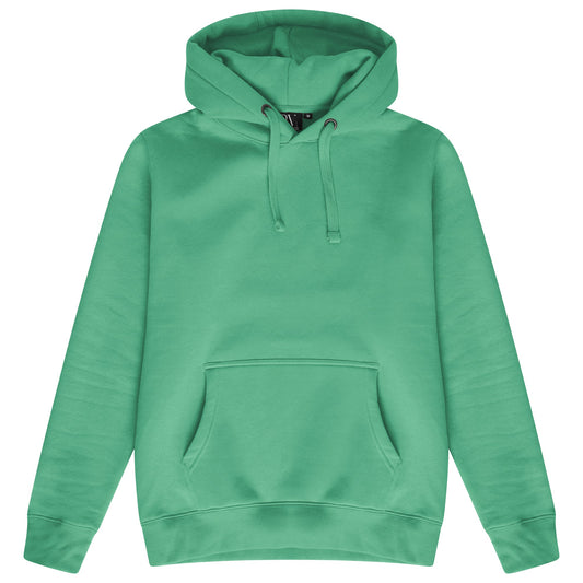 Basic green hoodie for women with adjustable drawstrings and a kangaroo pocket laid flat.
