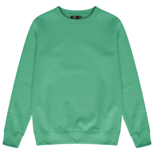 Basic green sweatshirt for women with round neckline and ribbed trims laid flat.