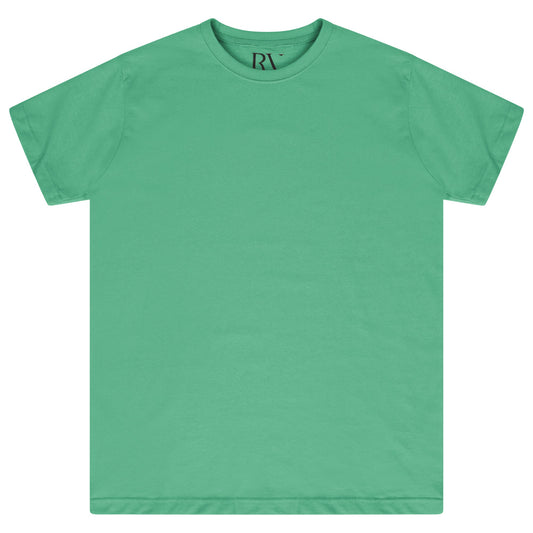 Basic green cotton t-shirt for women, laid flat, round neckline visible.