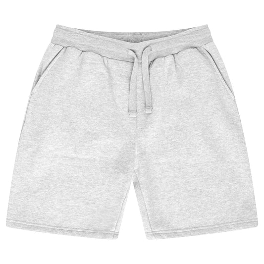 Basic grey shorts for women with an elastic waistband and drawstring laid flat.