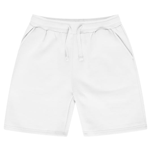Basic white shorts for women with elastic waistband and drawstring laid flat.