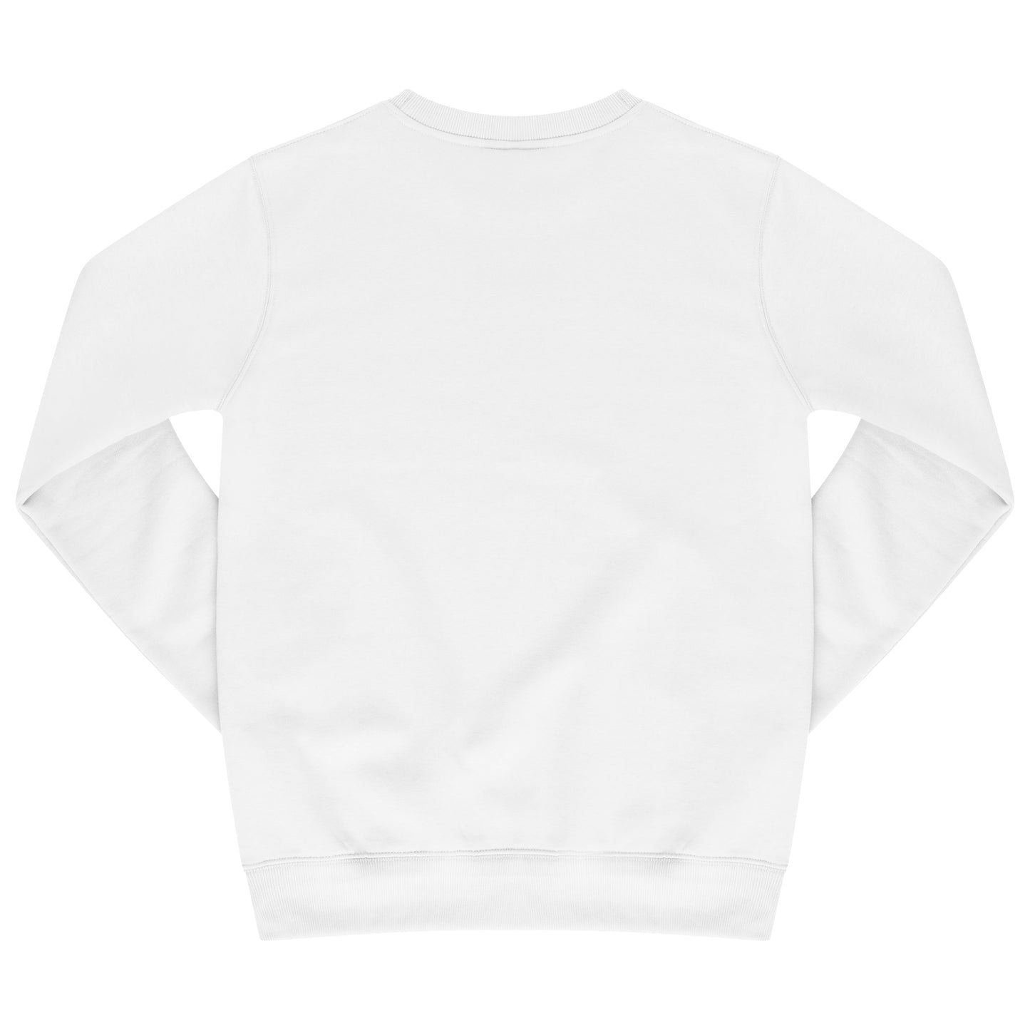 Back view of white sweatshirt showing classic fit and long sleeves.