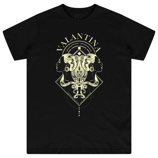 Black oversized women’s T-shirt featuring a bold white Gemini zodiac graphic printed centrally on the chest, classic round neckline, and short sleeves.