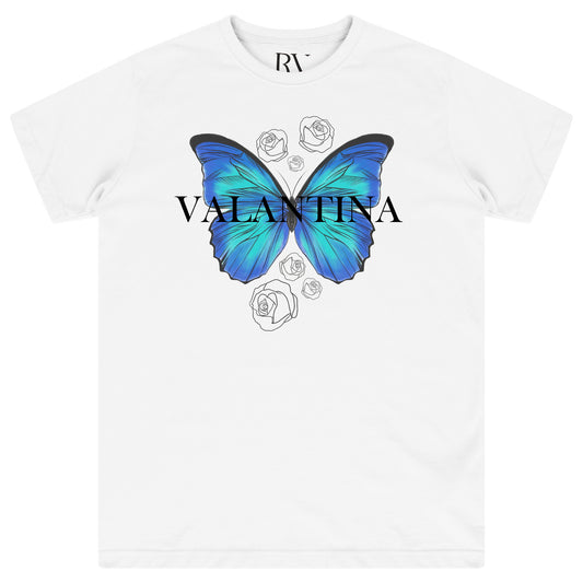 White oversized T-shirt with glowing blue butterfly and “Valentina” print, flat lay front view.