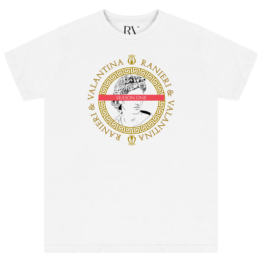 White oversized men’s T-shirt featuring a bold blue and white Greece Season One graphic printed centrally on the chest, classic round neckline, and short sleeves.