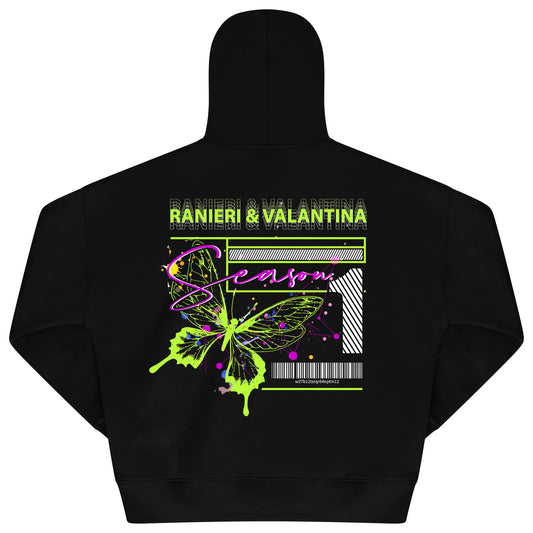 Back flat lay of men's black oversized hoodie featuring bold green butterfly and Ranieri & Valantina graphic – oversized fit.