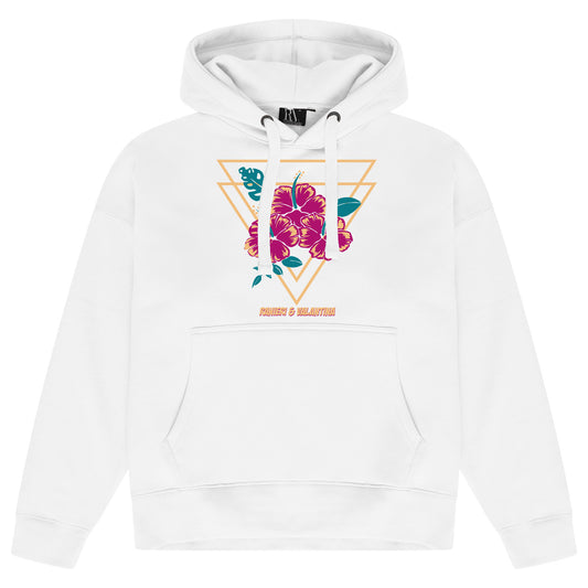 White oversized women’s hoodie featuring a large pink-and-red gumamela (hibiscus) flower graphic printed on the chest, adjustable drawstring hood, long sleeves, and ribbed cuffs and hem.