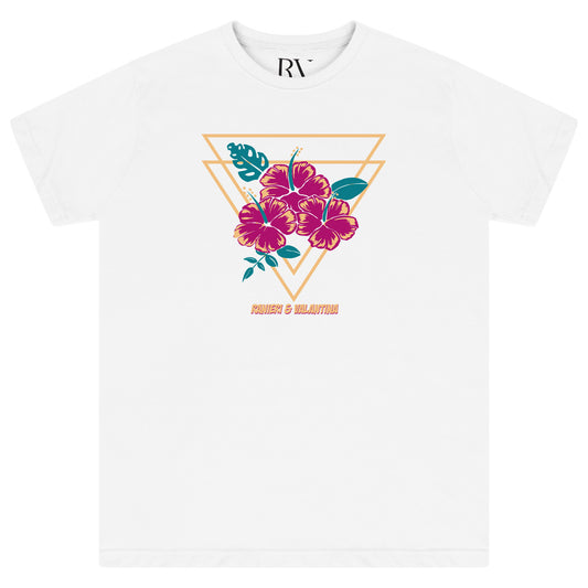 White oversized women’s T-shirt featuring a large pink-and-red gumamela (hibiscus) flower graphic printed on the chest, classic round neckline, and short sleeves.