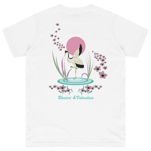 White oversized T-shirt with Japanese Waters back print featuring floral and water-inspired illustration.