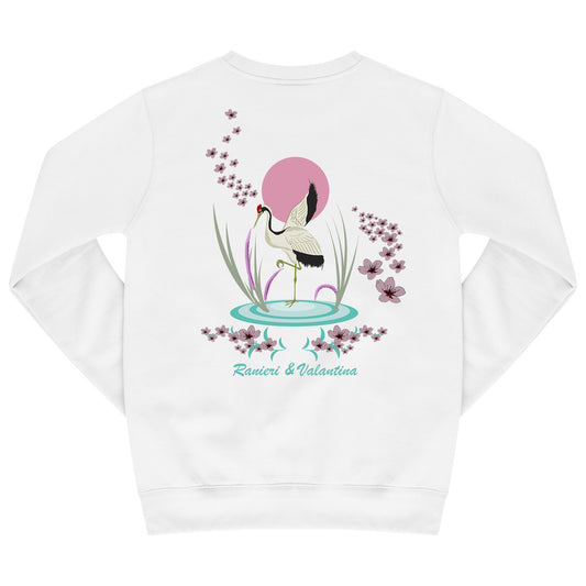 White Japanese Waters sweatshirt with artistic back print featuring a minimal floral and water motif.