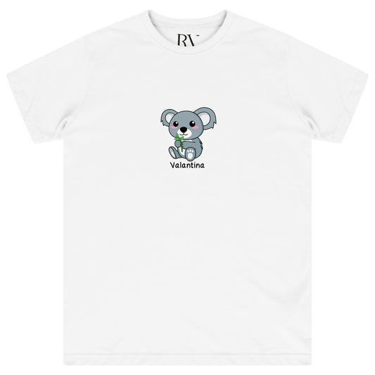 White oversized women’s T-shirt featuring a large, cute koala graphic printed prominently on the front chest, classic round neckline, and short sleeves.