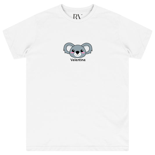 White oversized women’s T-shirt featuring a minimalist black koala face graphic printed prominently on the front chest, classic round neckline, and short sleeves.