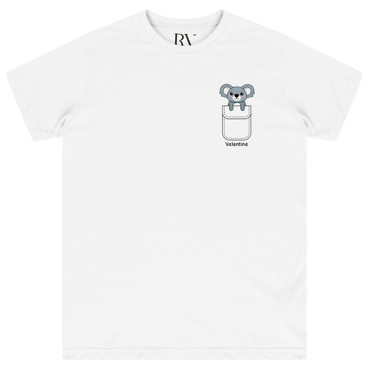 White oversized women’s T-shirt featuring a cute koala graphic peeking from the pocket area on the front, with a classic round neckline and short sleeves.