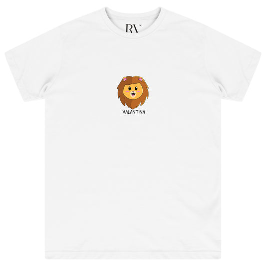 White oversized women’s T-shirt featuring a large bold lion head graphic printed centrally on the chest, classic round neckline, and short sleeves.