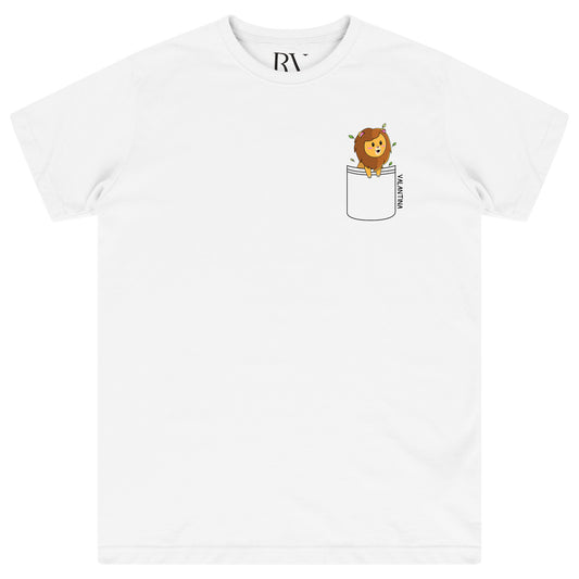 White oversized women’s T-shirt featuring a subtle lion graphic printed near the front pocket area, classic round neckline, and short sleeves.