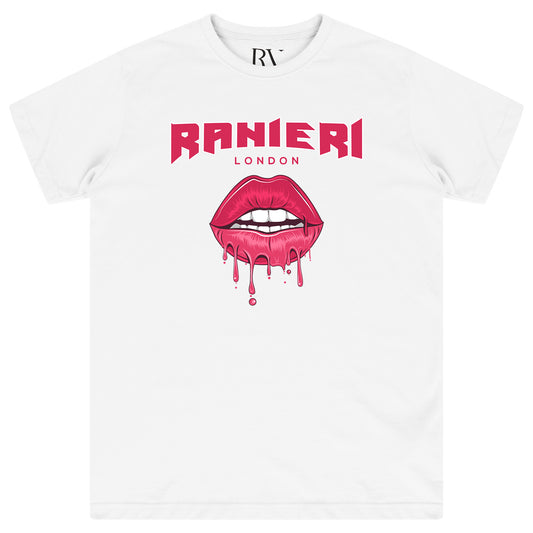 White oversized women’s T-shirt featuring a bold black lip graphic with drip effect printed centrally on the chest, classic round neckline, and short sleeves.