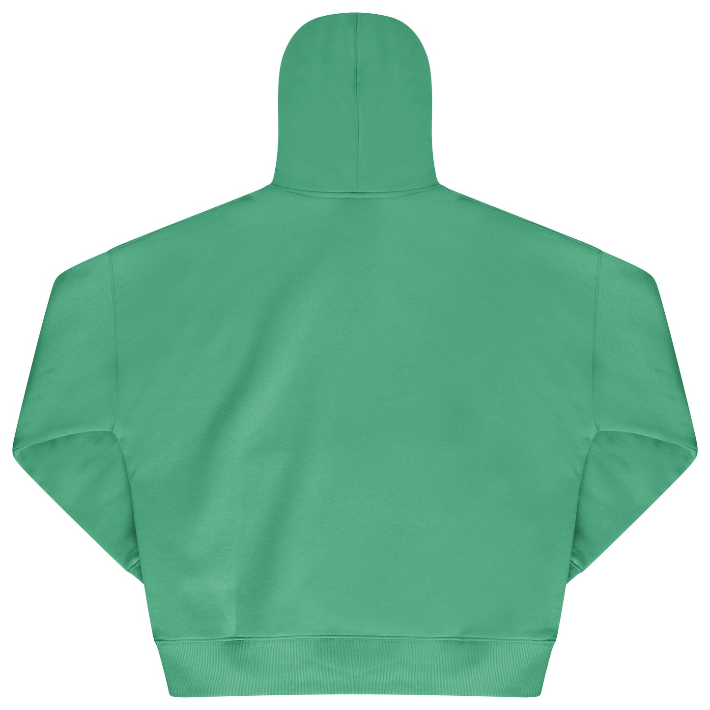 Laid-flat green hoodie showing the plain back, ribbed cuffs and hem, and relaxed oversized fit silhouette.