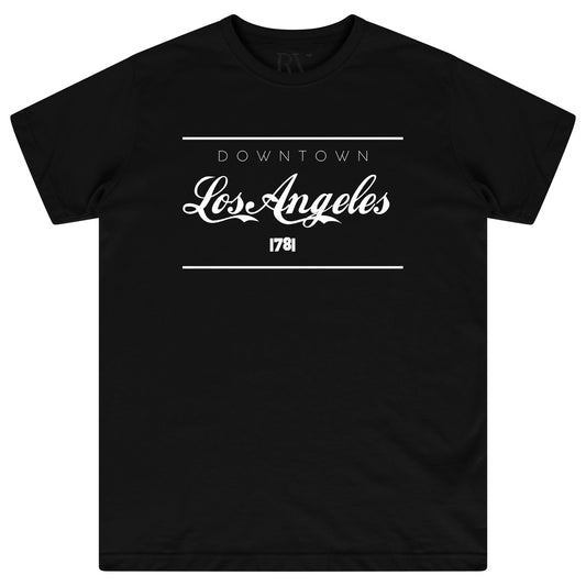 Black oversized women’s t-shirt featuring a bold white “Los Angeles” graphic printed prominently on the front, classic round neckline, and short sleeves.