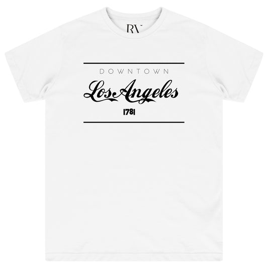 White oversized women’s t-shirt featuring a bold “Los Angeles” graphic print centered on the front, with a classic round neckline and short sleeves.