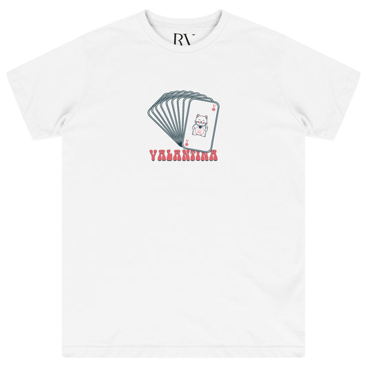 White oversized women’s T-shirt featuring a bold card-themed graphic printed prominently on the chest, with a classic round neckline and short sleeves.