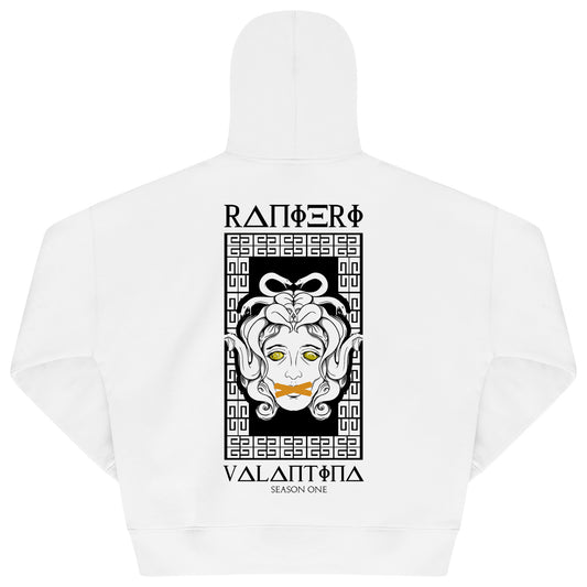 Back flat lay of men’s white Medusa Season One Oversized Hoodie featuring graphic Medusa print and Ranieri logo – oversized fit.