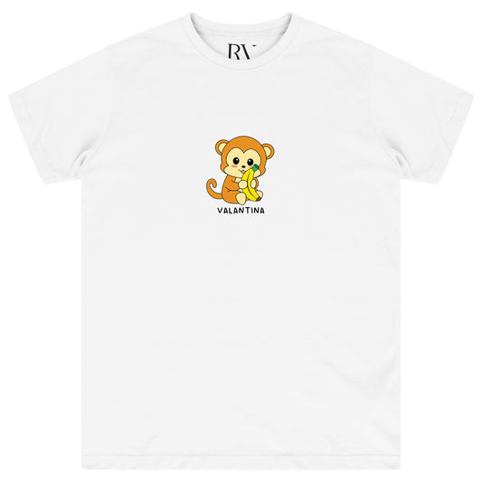 White oversized women’s T-shirt featuring a bold black monkey graphic printed prominently on the chest, classic round neckline, and short sleeves.