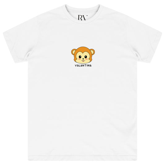 White oversized women’s T-shirt featuring a bold black monkey head graphic printed prominently on the chest, with classic round neckline and short sleeves.