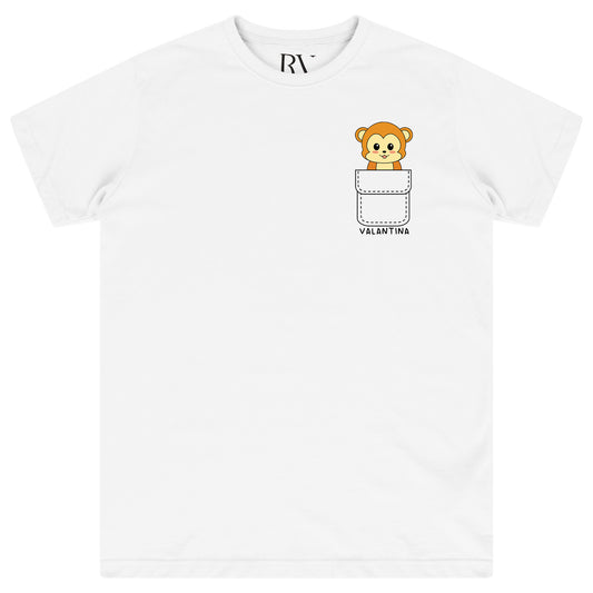 White oversized women’s T-shirt featuring a cheeky monkey graphic printed near the pocket area on the front, with a classic round neckline and short sleeves.