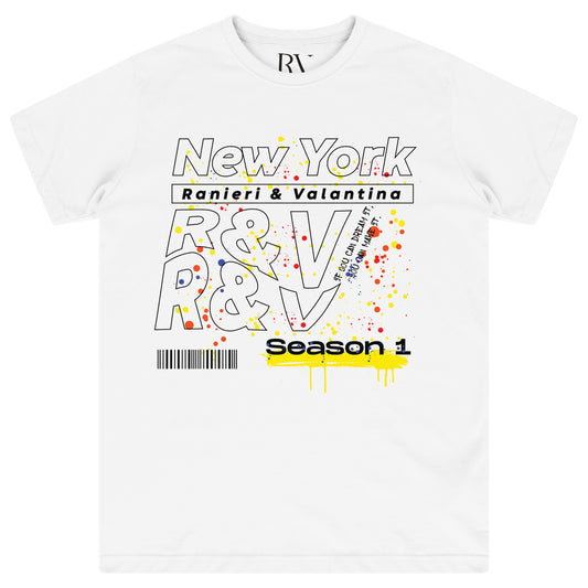 White oversized women’s T-shirt featuring a bold black NYC-inspired graphic printed centrally on the front, with a classic round neckline and short sleeves.