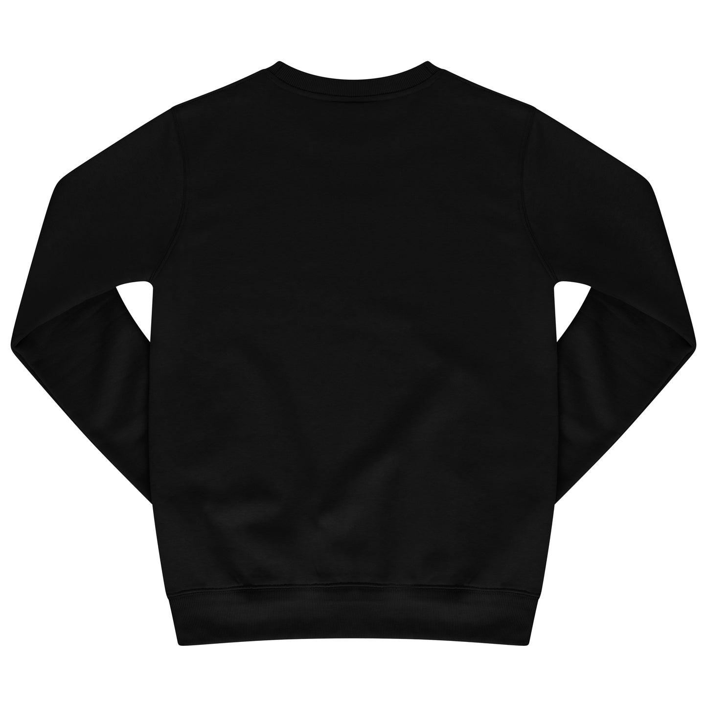 Laid-flat black sweatshirt showing a plain back, ribbed trims, and a relaxed oversized fit.