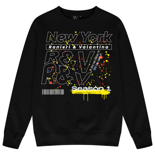 Black oversized women’s sweatshirt with a bold white “New York” graphic printed on the chest, classic crew neckline, long sleeves, ribbed cuffs, and ribbed hem.