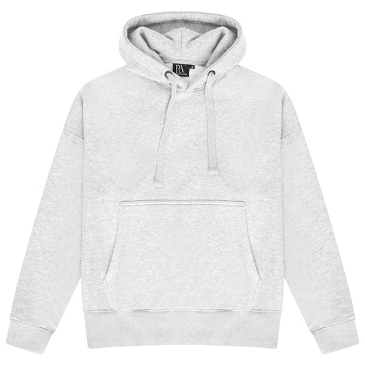 Oversized grey hoodie for women with adjustable drawstrings and a kangaroo pocket.