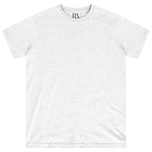 Oversized grey cotton t-shirt for women, laid flat, round neckline visible.