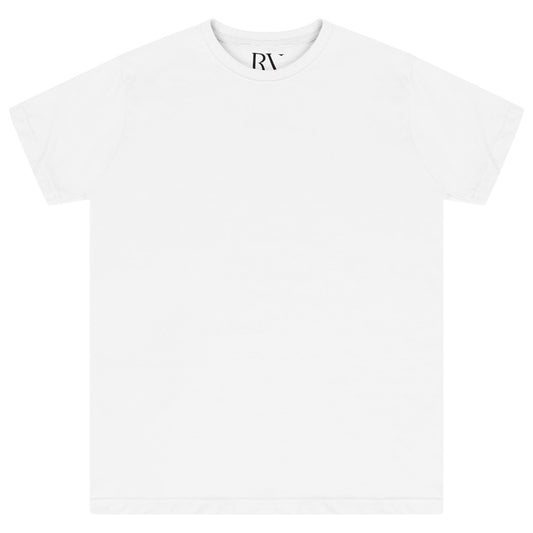 Oversized white cotton t-shirt laid flat, round neckline visible.