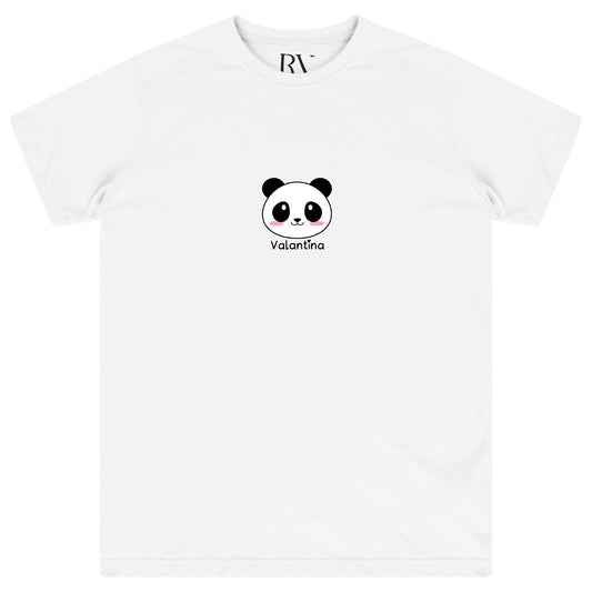 White oversized women’s T-shirt featuring a bold black-and-white panda head graphic printed centrally on the chest, classic round neckline, and short sleeves.