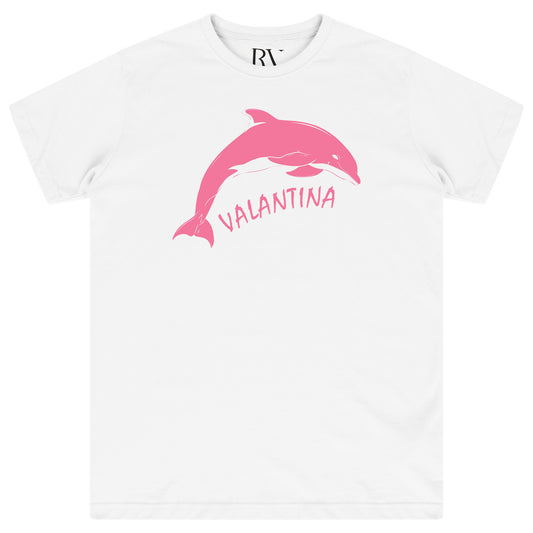White oversized Pink Dolphin T-Shirt featuring a bold pink dolphin graphic centered on the chest and a classic crew neckline.