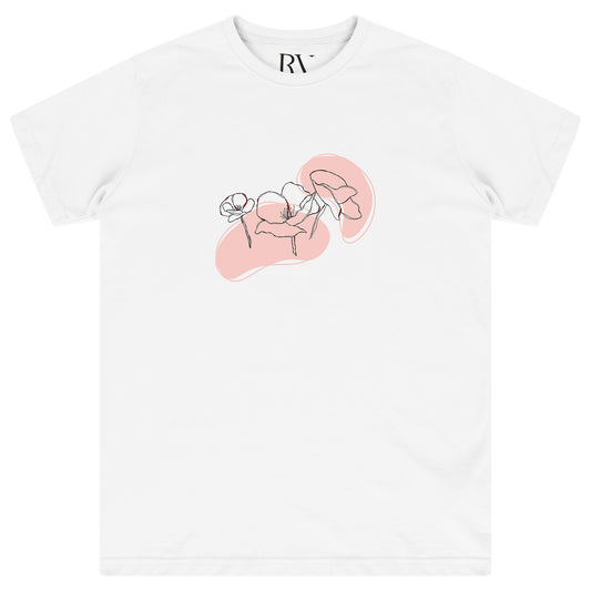 White oversized women’s T-shirt featuring a soft painted-style pink floral graphic printed prominently on the chest, classic round neckline, and short sleeves.