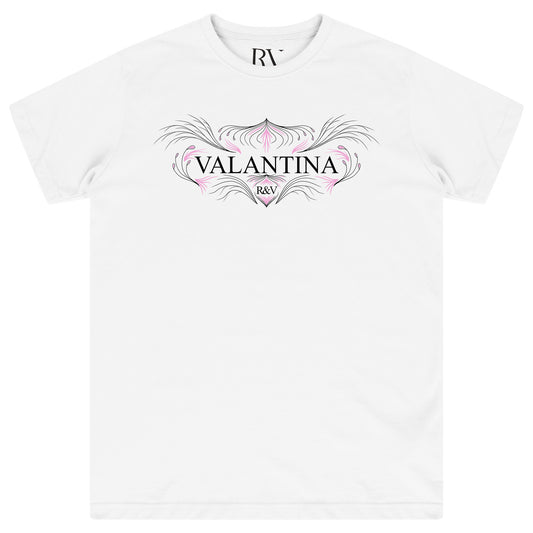 White oversized T-shirt featuring a bold pink peacock graphic centered on the chest with a crew neckline.