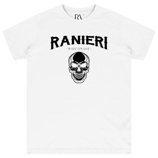 White oversized Ride or Die T-Shirt featuring bold black “Ride or Die” front print and a round neckline.
