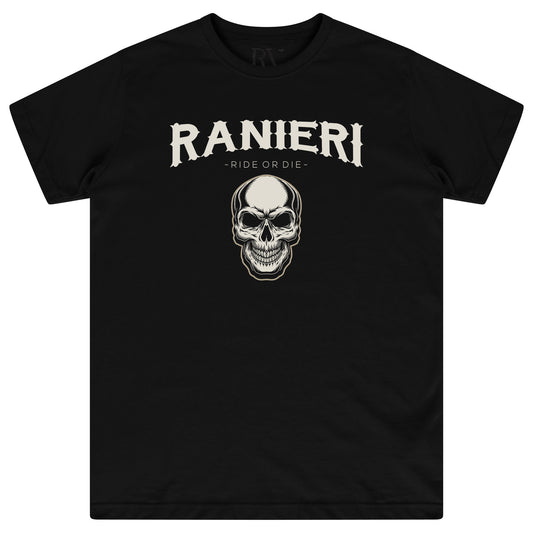 Front flat lay of men’s black Ride or Die T-shirt with bold Ranieri skull graphic - regular fit.
