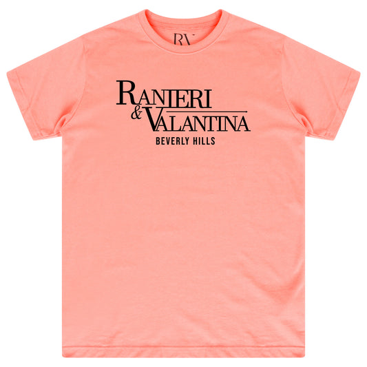 Coral oversized Signature Beverly Hills T-shirt with “Ranieri & Valentina Beverly Hills” black logo, flat lay front view.